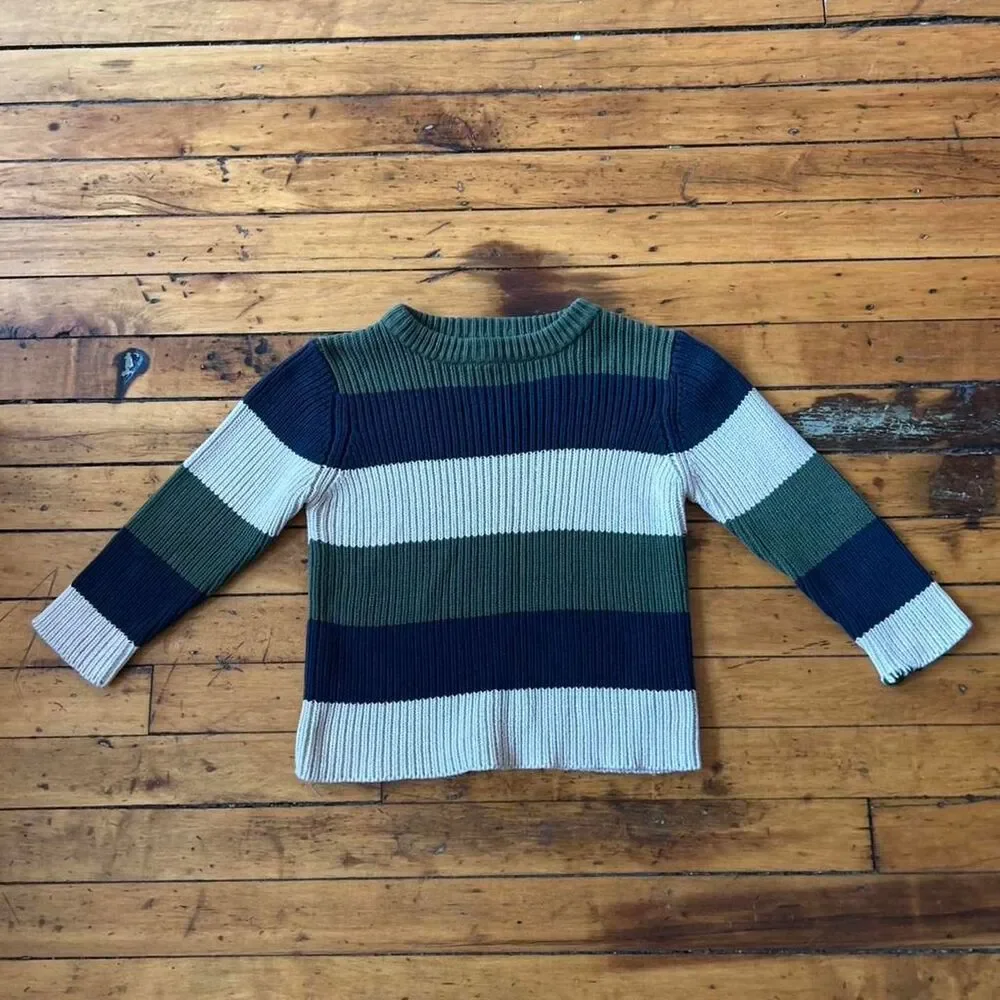 The Children's Place Boys Ribbed Striped Crewneck Sweater Green Navy Cream XS 4